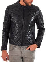 Men&#39;s Genuine Leather Quilted Motorcycle Jacket Slim fit Biker Jacket - FE - $114.99
