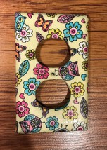 Handmade Fabric Owls, Butterflies and Flowers on Yellow Duplex Receptacl... - $10.00