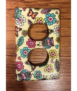 Handmade Fabric Owls, Butterflies and Flowers on Yellow Duplex Receptacl... - £7.86 GBP
