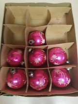 Vintage Set of Eight (8) Pink w/ White Glitter Firework Design Ornaments - £15.78 GBP