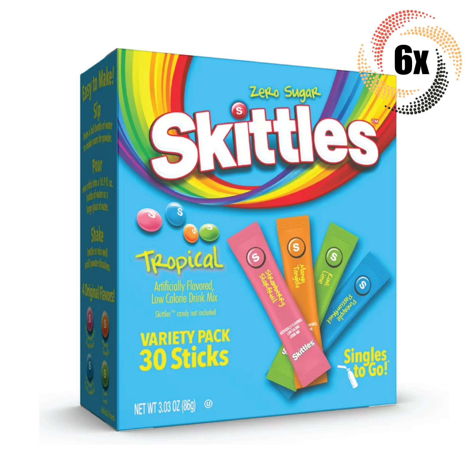 Primary image for 6x Packs Skittles Variety Tropical Drink Mix Singles | 30 Sticks Each | 3.03oz