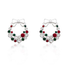 Precious Stars Silvertone Multicolor Crystal Wreath With Bow Holiday Earrings - £18.50 GBP