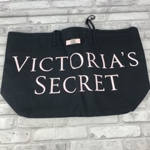 Victoria Secret Tote Bag Canvas Zip Top Black Pink Bow Large NWOT - $33.40