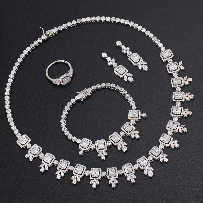 Luxury Wedding Cubic Zirconia Tassel Necklace Earrings Bracelet and Ring 4pcs Du - £104.65 GBP