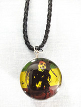 Bob Marley Braids Rasta Glass Double Sided Pendant Black Leather 18&quot; Necklace - £7.83 GBP