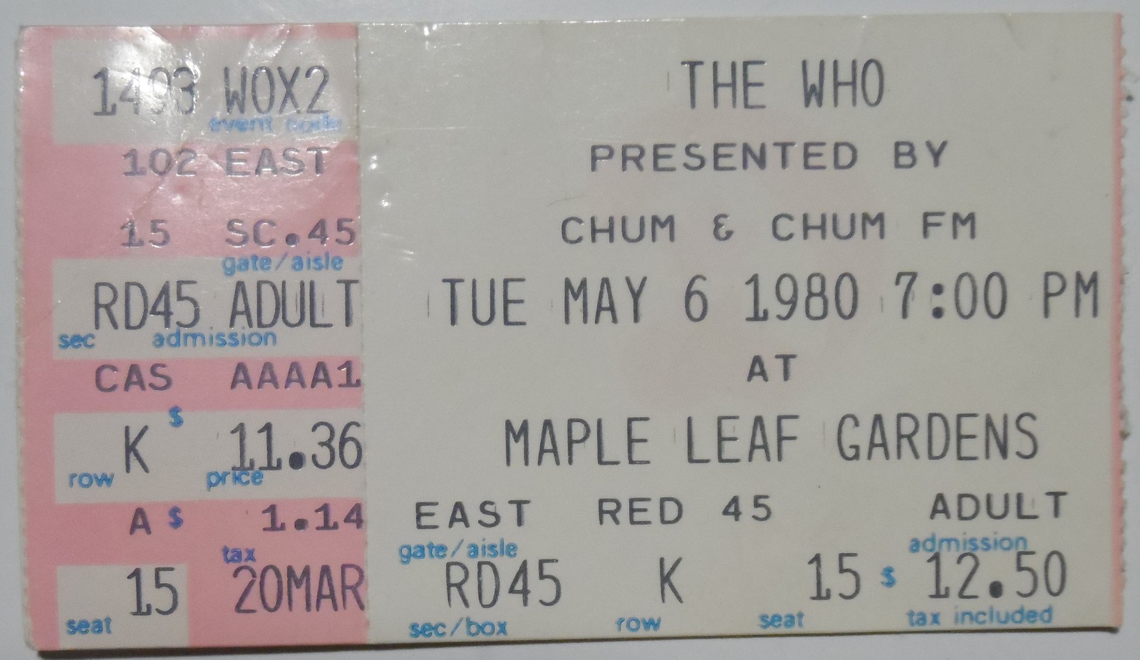 THE WHO 1980 Maple Leaf Gardens Toronto CHUM FM Ticket Stub Vintage NM T... - $19.77