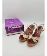 Vtg 70s FAMOLARE Hi-Up Brown Leather High Heel Wedge Sandals Women 7.5 M... - $45.99