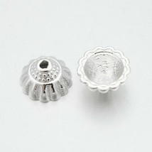 40 Flower Bead Caps Shiny Silver Tone Spacers Findings 10mm Acorn Style Cone - £5.42 GBP