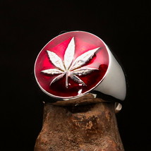 Sterling Silver Men&#39;s Ring domed red Cannabis Marihuana Marijuana Leaf - £58.68 GBP