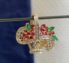 14K Gold Diamond Flower Basket Pin Pendant 3.19g Fine Jewelry Ruby Emerald Color - £206.35 GBP