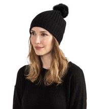 AMICALE Cashmere Genuine Shearling Pompom Beanie Hat, Color: Black, One ... - $74.76