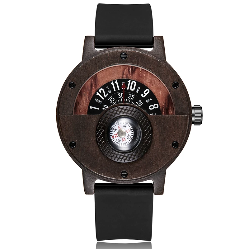 Natural Wood Watch Men Turntable Compass Dial Real Walnut Ebony Bamboo W... - £36.24 GBP