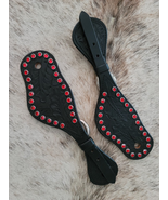 Black Western Acorn Tooled Leather Spur Straps Red Crystal Dots Ladies NEW - £23.97 GBP