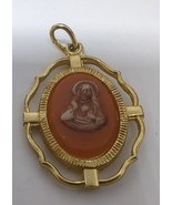 gold tone aluminum plastic cameo pendant medal Sacred Heart of Jesus Ita... - $12.62