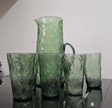 Vintage Water Tea Pitcher  Forest Green Textured  Crinkle Glass And 5 Glasses - £23.73 GBP