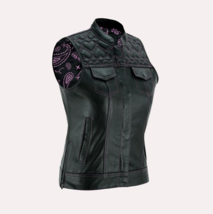 Women&#39;s Black Leather Pink Heart Stitching Motorcycle Waistcoat - £101.34 GBP