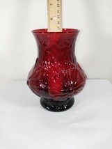 Vintage RAINFLOWER Anchor Hocking Royal Ruby Vase Pressed Floral 9 in - $12.86