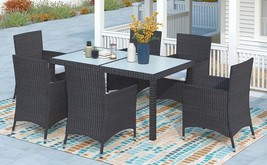 7-Piece Outdoor Wicker Dining Set with Beige Cushion - Black - £568.47 GBP
