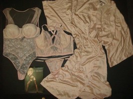 Victoria&#39;s Secret Unlined 34D,36C Bra Set+Teddy+Robe Pink Beige Lace Embroidered - £132.38 GBP