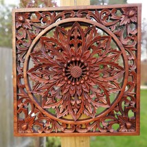 Hand Carved Wooden Wall Art Mandala Decoration Lotus Flower Headboard Gift - £125.62 GBP