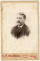 Circa 1880&#39;S Cabinet Card Handsome Man Mustache Suit &amp; Tie Warren Ellsworth, Wi - £9.63 GBP