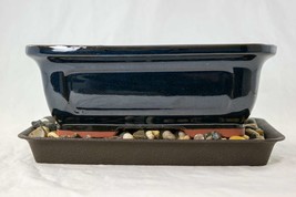 8&quot; Rectangular Navy Blue Bonsai / Succulent Pot + Tray + Rock + Mesh Combo - £27.51 GBP