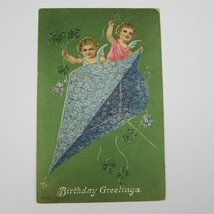 Postcard Birthday Greeting Antique 1913 Angels Green Clover Blue Flowers on Kite - £7.98 GBP