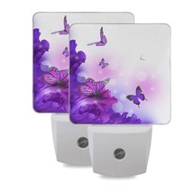 Purple Flowers Night Light Set Of 2, Butterfly Tulip Plug-In Led Nightlights Aut - £28.32 GBP