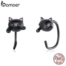 bamoer Authentic 925 Silver Minimalist Black Cute Cat Stud Earrings for Women Fa - £18.60 GBP