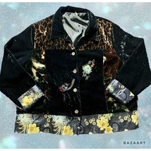 VTG Plus Size Black Crushed Velvet Embroidered Jacket Cheetah Print Accents - £23.64 GBP