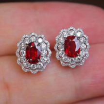 4Ct Oval Cut Red Ruby Simulated Diamond Halo Stud Earring 14K White Gold Plated - £54.70 GBP