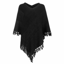 Women Striped Poncho With Tassels Knitted Shawl Scarf Fringed Wrap Sweater Pullo - £39.64 GBP