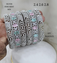 Indian Silver plated Kada Bracelet Size 2.10 2.8 2.6 2.4 CZ Bangles Jewelry Set - £76.39 GBP