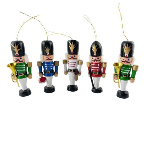 Primary image for Christmas Toy Soldier Band Ornaments Set of 5 Wooden Orchestra Figures