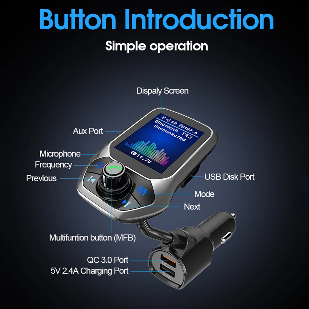 T43 1.8 inch Display Car MP3 Player Bluetooth Handsfree Call FM Transmitter QC - £17.90 GBP