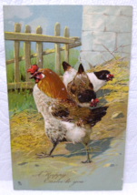 Tucks Easter Greetings Postcard Hen Rooster Wooden Fence Hay Series 1242 Vintage - £6.35 GBP