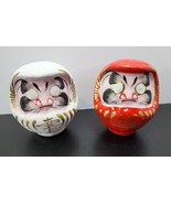 A Pair of Japanese Daruma Dolls Red FUKU Fortune Luck White SHIAWASE Hap... - $49.87