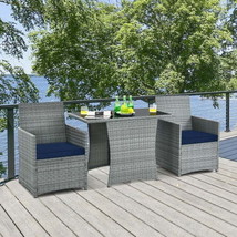 3 Pieces Patio Rattan Furniture Set with Cushioned Armrest Sofa-Navy - £239.04 GBP
