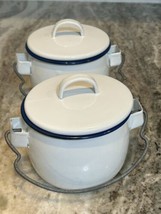 Set of 2 Pottery Barn White Enamel Lidded Bowls Pots Campfire Soup Pail Vintage - £32.88 GBP