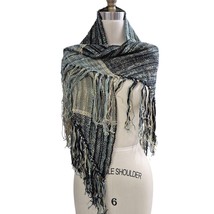 vtg 80s90s Stijfselkissie Hand Woven Aqua Metallic Gold Black Shawl Frin... - $77.22
