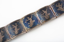 Vintage Siamese Sterling Silver And Niello Etched Link Panel Bracelet - £59.24 GBP