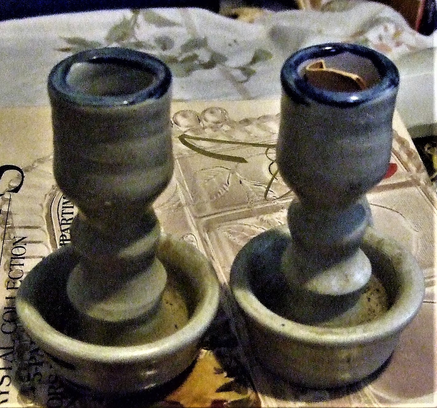 Candle Stick Holder Gray w/Cobalt Salt Glaze Taper set, Williamsburg Pot... - $9.00