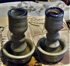 Candle Stick Holder Gray w/Cobalt Salt Glaze Taper set, Williamsburg Pottery VA  - $9.00