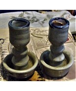 Candle Stick Holder Gray w/Cobalt Salt Glaze Taper set, Williamsburg Pot... - $9.00