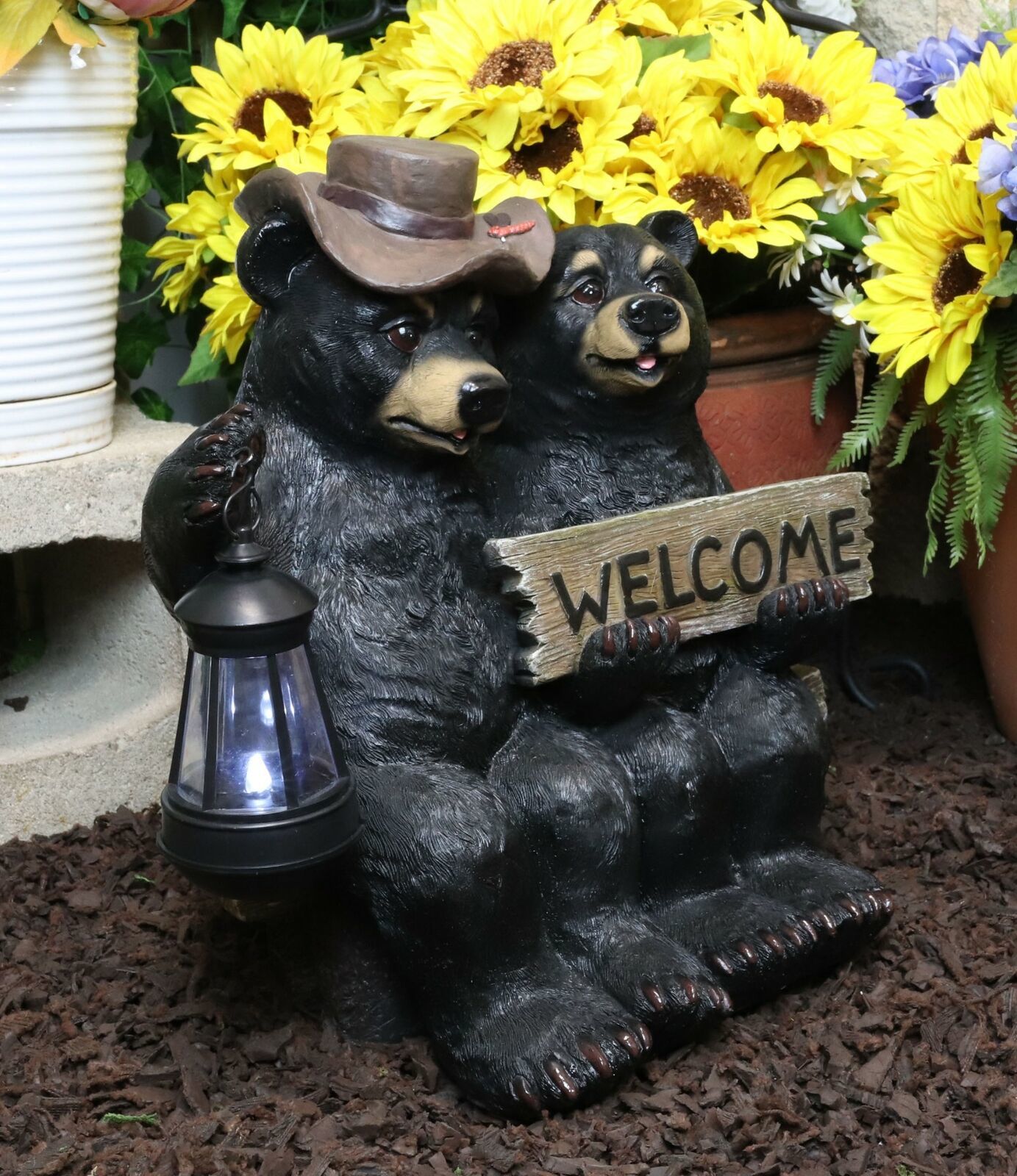 Rustic Black Bear Couple By Bench With Welcome Sign & LED Lantern Garden Statue