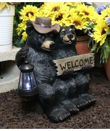 Rustic Black Bear Couple By Bench With Welcome Sign &amp; LED Lantern Garden... - £78.35 GBP