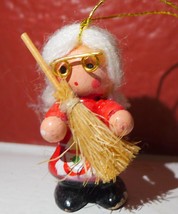 Christmas Santa Lady Elf wooden hanging ornament w broom 1984 - £7.87 GBP