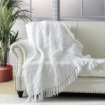 Chunky Knit Throw Blanket, Cream White Soft Warm Cozy Bed Throw Blanket with Tas - £27.09 GBP