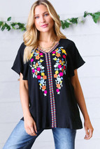 Black Floral Embroidered Flutter Sleeve Top - £21.23 GBP