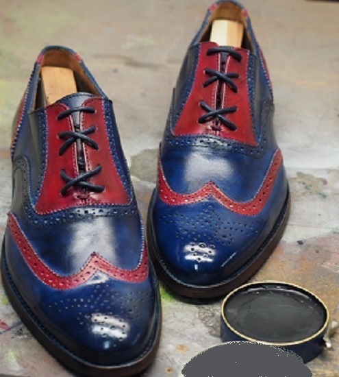 Handmade Shoes Navy Blue Red Contrast Wingtip Brogue Men's Genuine Leather